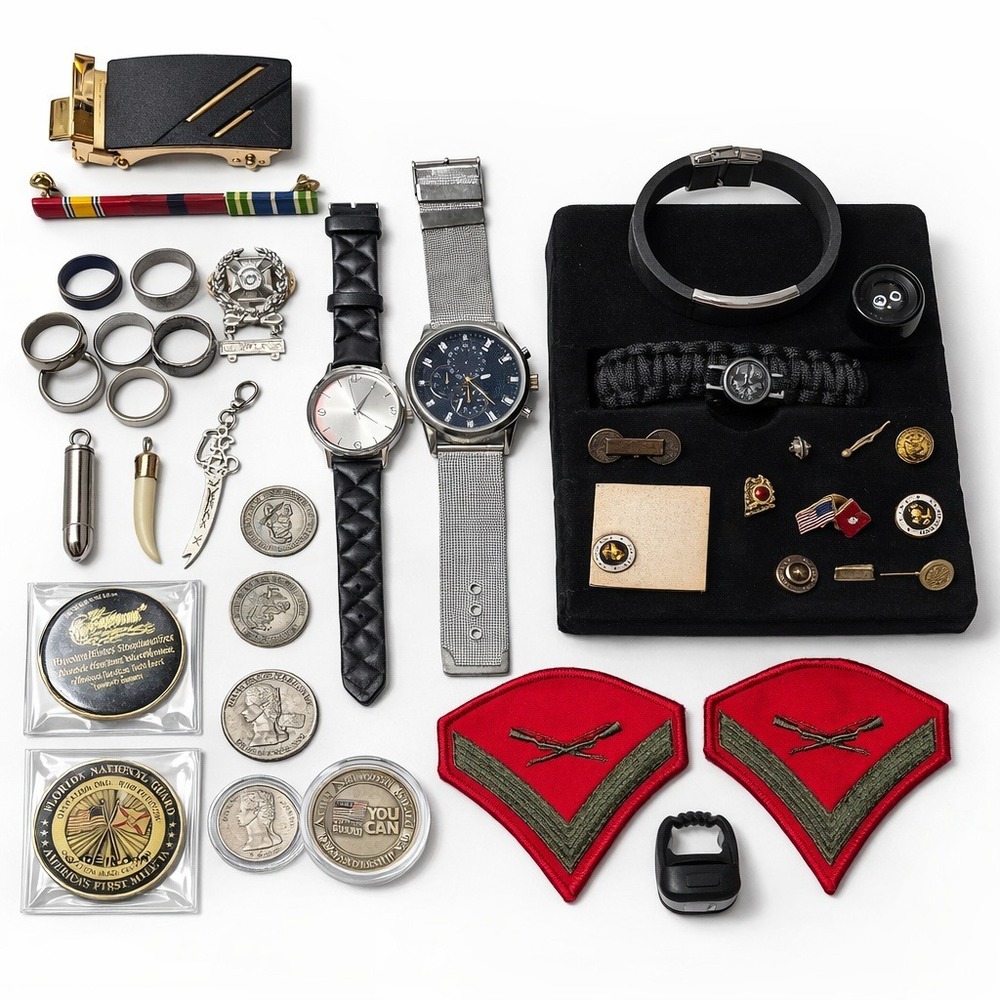 Military Memorabilia & Mens Jewelry Lot Challenge Coins Watches Pins Patches